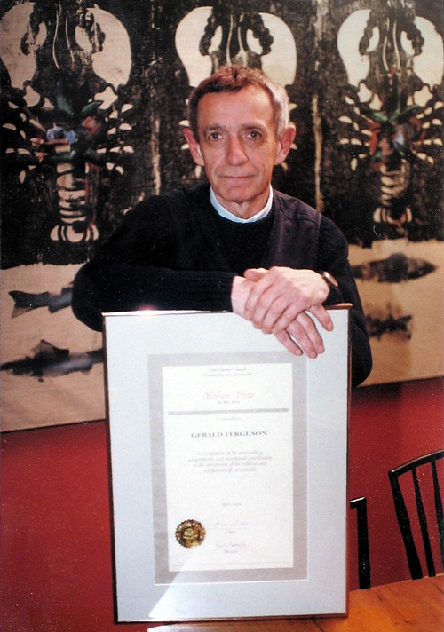 Press photo of Gerald Ferguson with the Molson Award, April 1996